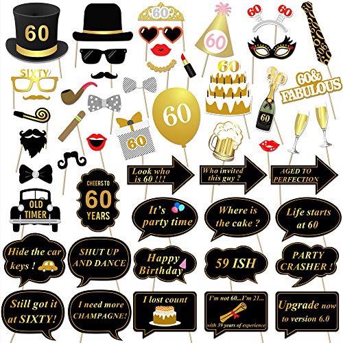 Product Cover 60th Birthday Party Photo Booth Props (51Count) for Her Him 60th Birthday Gold and Black Decorations, Konsait Big 60 Birthday Party Supplies for Men and Women