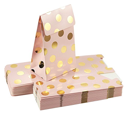 Product Cover Pack of 24 Paper Treat Bags- Party Favor Bags, Fun Party Play Goodies, 2 Dozen Pink with Gold Foil Polka Dots, Perfect for Birthday Parties, Baby Shower, Weddings and Bridal Showers, 3.7 x 6.25 x 2.6