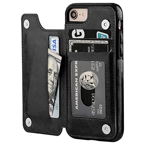 Product Cover iPhone 8 Wallet Case with Card Holder,OT ONETOP iPhone 7 Case Wallet Premium PU Leather Kickstand Card Slots,Double Magnetic Clasp and Durable Shockproof Cover 4.7 Inch(Black)
