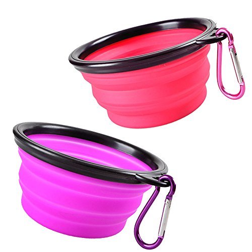 Product Cover KIQ Pop-up Dog Bowl & Pet Bowl Collapsible Travel Silicone Camping/Hiking/Walking Crate Dish Bowl with Carabiner Clip [2 Cup Set] Travel-Size Folding Dog Portable (Pink/Purple, Small)