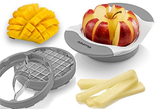 Product Cover Gourmia 3 In 1 Handle Push Cutter, Mango, Apple Slicer & Corer With Bonus French Fries Blade, 3 Stainless Steel And Interchangeable Blades, Durable BPA free food safe material (Gray)