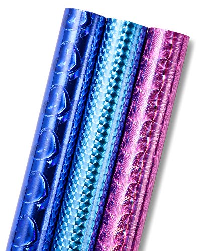 Product Cover 208 x 18 Inches Gift Wrapping Paper Rolls, Pack of 3, Narrow and Long, Iridescent Holographic Shiny Wrapping Paper - Gift Wraps for Birthdays, Valentines, Christmas, 17.3 x 1.4 Feet