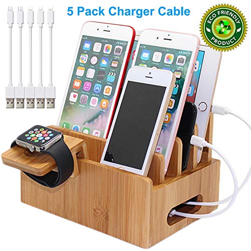 Product Cover Bamboo Charging Stations for Multiple Devices, Desk Docking Station Organizer for Cell Phones, Tablet, Watch Stand (Includes 5 Cables BUT NO Power Supply Charger) Pezin & Hulin