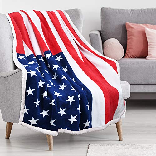 Product Cover US Flag Patriotic Sherpa Throw American Flag Blanket, Super Cozy Fleece Plush Bed Throw TV Blankets Reversible for Bed or Couch 50
