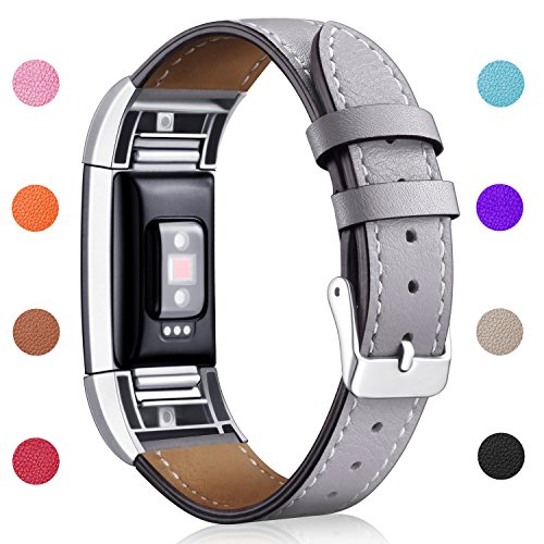 Product Cover Hotodeal Replacement Leather Band Compatible for Charge 2, Classic Genuine Leather Wristband Metal Connector Watch Bands, Fitness Strap Women Men Small Large (Grey- Silver Buckle)