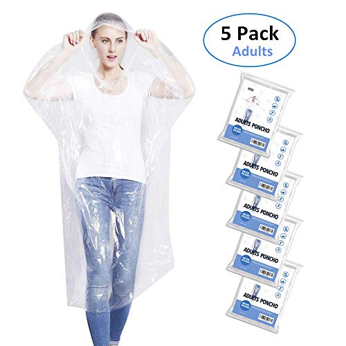 Product Cover Emergency Rain Ponchos for Adults, Disposable Drawstring Hood Poncho for Outdoors, Theme Parks, Hiking, Camping, School Sporting Corporate Events Group Activity - 5 Pack, Clear
