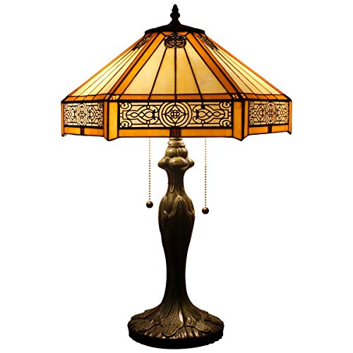 Product Cover Tiffany Lamp Yellow Hexagon Stained Glass Mission Style End Coffee Table Lamps Bookcase Reading Lighting Lampshade Antique Base W16 H24 Inch Living Room Bedroom Bedside Desk S011 WERFACTORY