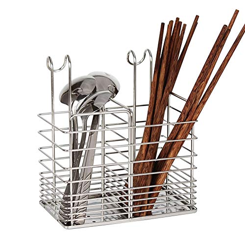 Product Cover 304 Stainless Steel Hanging 2 Compartments Mesh Utensil Drying Rack/ Chopsticks/Spoon/Fork/Knife Drainer Basket Flatware Storage Drainer (Square)