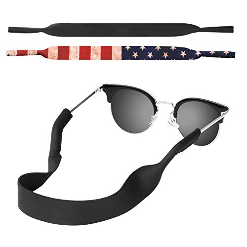 Product Cover MoKo Neoprene Eyewear Retainer, [2 Pack] Universal Fit No Tail Sports Sunglasses Retainer, Sunglass Strap Safety Glasses Holder for Kids, Men, Women - Black & US Flag