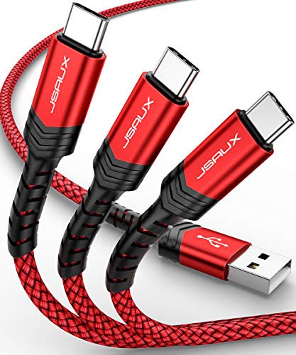 Product Cover USB C Cable Fast Charging,JSAUX 3-Pack(1ft+3.3ft+6.6ft) USB A to Type C Charger Nylon Braided Cord Compatible with Samsung Galaxy S10 S9 S8 Plus Note 10 9 8,Moto Z,LG V20 G6 G5,Switch and More(Red)