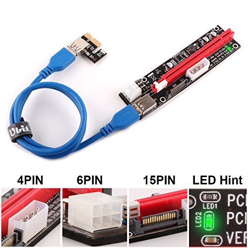 Product Cover Ubit 6 Pack Latest PCI-E Riser Express Cable 16X to 1X (6pin / MOLEX/SATA) with Led Graphics Extension Ethereum ETH Mining Powered Riser Adapter Card+60cm USB 3.0 Cable