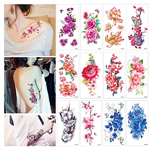 Product Cover 32 Sheets Flower Temporary Tattoos Stickers Lotus Cherry Blossoms Fake Tattoo
