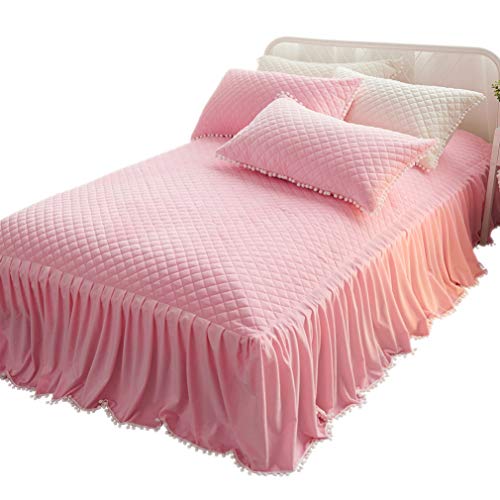 Product Cover LIFEREVO Luxury Velvet Diamond Quilted Fitted Bed Sheet 3 Side Coverage 18 inch Drop Dust Ruffle Bed Skirt with Pompoms Fringe (Twin Pink)