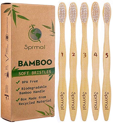 Product Cover 5pcs Sprmal Bamboo Toothbrushes 100% Natural Organic Biodegradable and Vegan Bamboo Soft BPA Free Nylon Bristles For Sensitive Gums