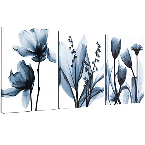 Product Cover Sea Charm - Flower Canvas Wall Art Blue Elegant Transparent Flowers Canvas Print Wall Art Painting for Living Room Decor,Still Life Artwork Framed,Each Piece 16