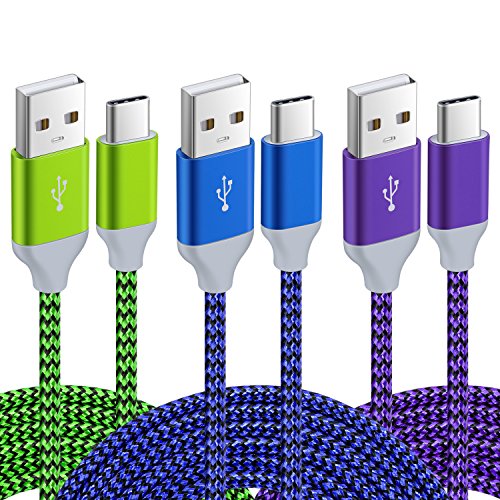 Product Cover Pofesun USB Type C Cable 3Pack 10ft Nylon Braided USB C Cable Fast Charger Charging Cord Compatible Samsung Galaxy S10 S9 S8 Note 9 Note 8 Plus,LG V30 G6 G5 V20,Google Pixel, Moto Z2-Blue,Green,Purple