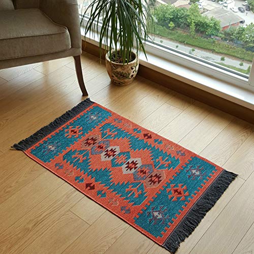 Product Cover Modern Bohemian Style Area Rug, 2 X 4 feet, Washable, Natural Dye Colors, Two-Sided (Reversable), Perfect for Kitchen, Hallway, Bathroom, Bedroom, Corridor, Living Room (Turquoise-Orange)