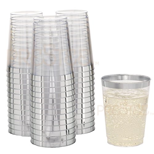Product Cover DRINKET Silver Plastic Cups 10 oz Clear Plastic Cups/Tumblers Fancy Plastic Wedding Cups With Silver Rim 50 Ct Disposable For Party Holiday and Occasions SUPER VALUE PACK