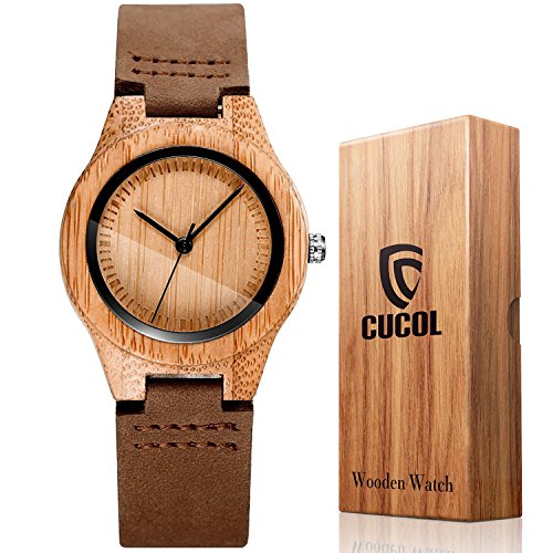 Product Cover CUCOL Womens Wooden Bamboo Watches Brown Genuine Cowhide Leather Strap Wristwatch with Gift Box