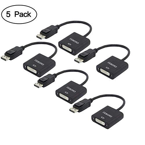 Product Cover Display to DVI Adapter 5-Pack, FEMORO DisplayPort DP to DVI-I Adapter 1080P in Black