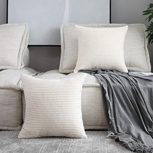 Product Cover Home Brilliant Decorative Accent Pillow Covers Case Striped Corduroy Plush Velvet Cushion Cover for Couch, Set of 2, Cream Cheese, 18x18 inch (45cm)