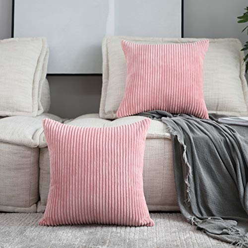 Product Cover Home Brilliant Decor Pillow Covers Decoration Supersoft Striped Velvet Corduroy Decorative Throw Toss Pillowcases Cushion Cover for Girls, 2 Packs, Baby Pink, (45x45 cm, 18inch)