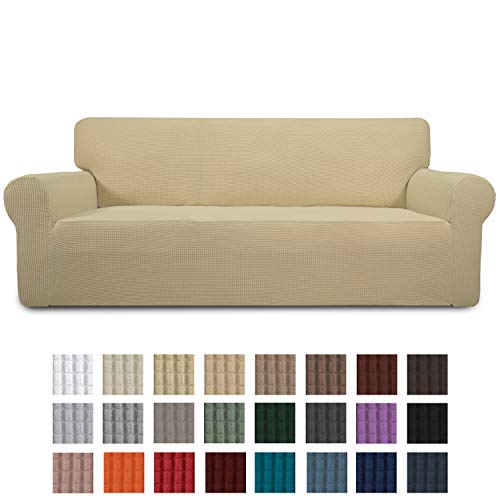 Product Cover Easy-Going Stretch Sofa Slipcover 1-Piece Couch Sofa Cover Furniture Protector Soft with Elastic Bottom for Kids, Spandex Jacquard Fabric Small Checks(Sofa,Beige)