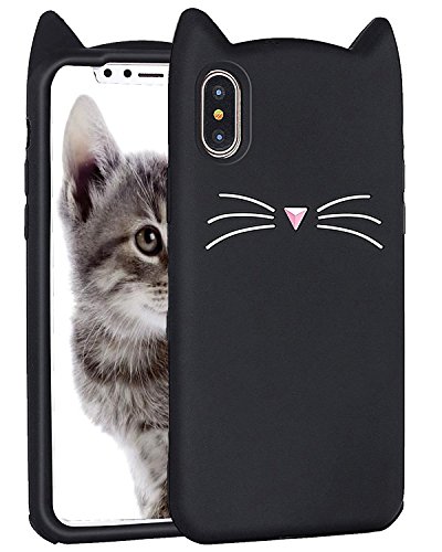 Product Cover Miniko iPhone X Case, (TM) Fashion Cute Kawaii Funny 3D Black Meow Party Cat Kitty Whiskers Dropproof Protective Soft Rubber Case Skin for Apple iPhone X 2017