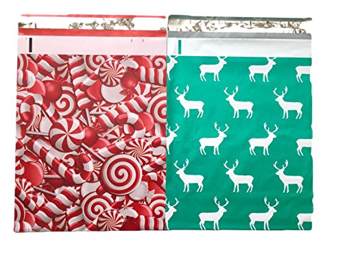 Product Cover Holiday Christmas Designer Poly Mailers 10x13 : Candy Cane and Reindeer Deer Elk Combo; Printed Self Sealing Shipping Poly Envelopes Bag ( 30 Pcs Total )