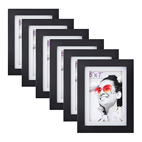 Product Cover RPJC 5x7 inch Picture Frame (6pk) Made of Solid Wood and High Definition Glass Display Pictures 4x6 with Mat or 5x7 Without Mat for Wall Mounting Photo Frame Black