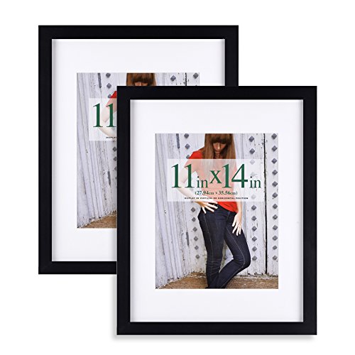 Product Cover RPJC 11x14 inch Picture Frame (2pk) Made of Solid Wood and High Definition Glass Display Pictures 8x10 with Mat or 11x14 Without Mat for Wall Mounting Photo Frame Black