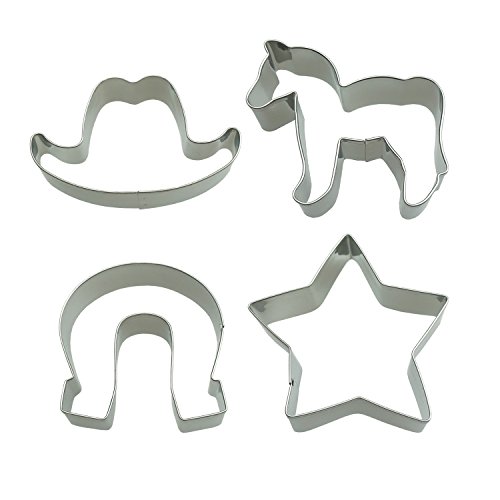 Product Cover Western Cowboy Cookie Cutter Set Cowboy Hat Star Horseshoe Pony Classic Shape Fondant Pony Cakes Cutters for Kids Party Tin Plated Steel 4 Piece by SHXSTORE