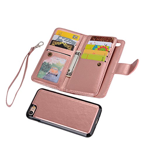 Product Cover iPhone 6 Plus Wallet Case, iPhone 6s Plus Case, SUPZY Leather Detachable Magnetic Flip 9 Card Slots Holder Wrist Strap Purse Removable Slim Protective Cover for iPhone 6/6s Plus (Rose Gold)