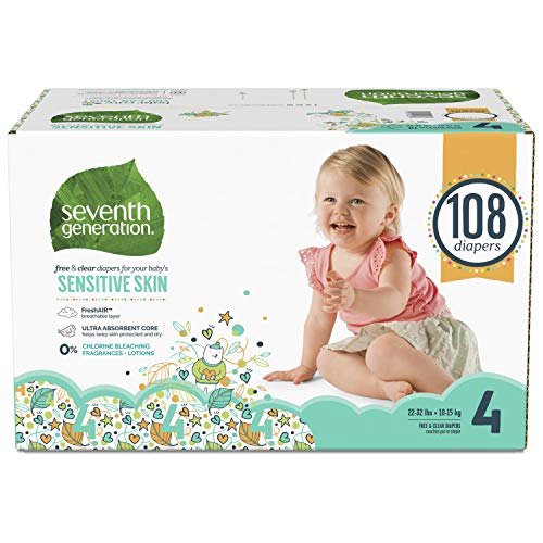 Product Cover Seventh Generation Baby Diapers for Sensitive Skin, Animal Prints, Size 4, 108 Count (Packaging May Vary)