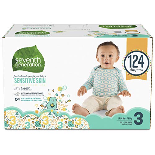 Product Cover Seventh Generation Baby Diapers, Free & Clear for Sensitive Skin with Animal Prints, Size 3, 124 Count (Packaging May Vary)