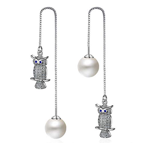 Product Cover megko Owl Dangle Earrings Pearl Threader 925 Sterling Silver Chain Tassel Earrings 4.8 Inches