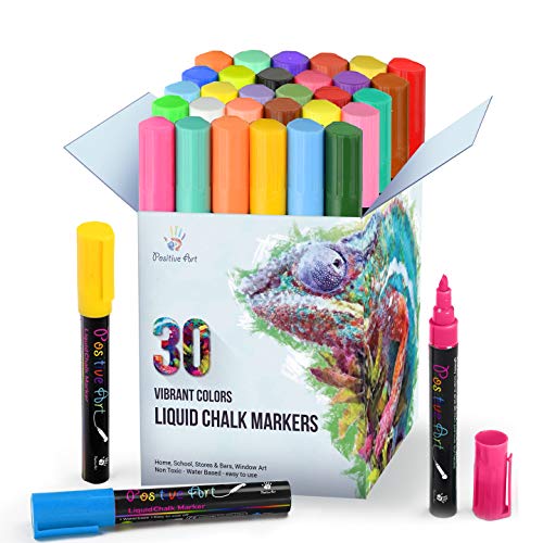 Product Cover Liquid Chalk Markers 30 Colors By Positive Art: Bright Colors, Painting and Drawing For Kids and Adults, Window and Board Art For Bistros, Bars - Reversible Tip (Chalk Markers)