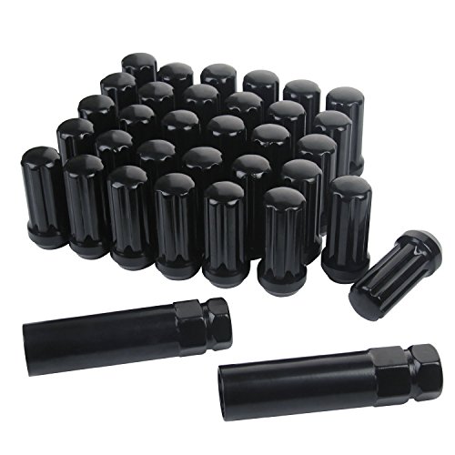 Product Cover APL 51mm Long Lug Nuts M14x1.5 Thread Size Set of 32pcs Small Diameter Acorn Spline Drive Black Wheel Nuts Closed End with 2 Keys