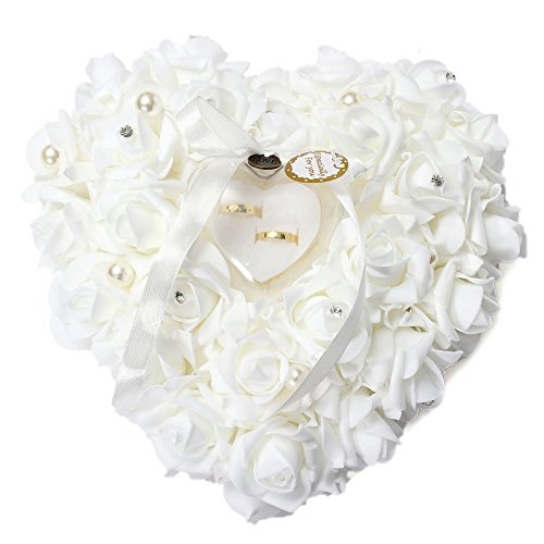 Product Cover Wedding Ring Pillow, White Ring Pillow Lace Crystal Rose Wedding Heart Ring Box Ring Holder