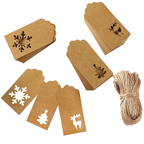 Product Cover Aneco 150 Pieces Paper Tags Kraft Christmas Tags Hang Labels Christmas Tree Snowflake Reindeer Design for Christmas Gift Favor,DIY Arts and Crafts Wedding Supply with 30 Meters Twine