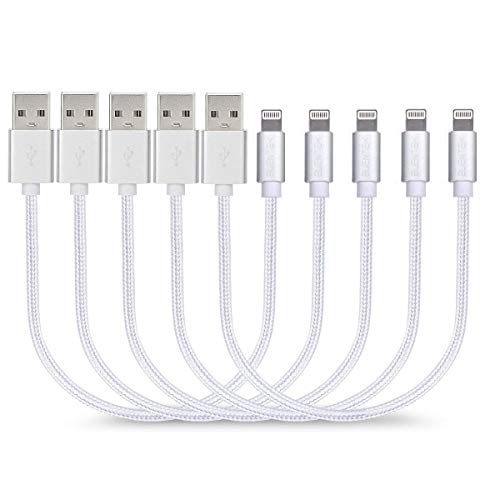 Product Cover Short Charging Cables [5 Pack 8 inches] BUENTEK Nylon Braided USB Cable Sturdy Charging Cord Compatibility with i OS System Device - Silver