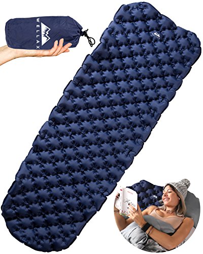 Product Cover WELLAX Ultralight Air Sleeping Pad - Inflatable Camping Mat for Backpacking, Traveling and Hiking Air Cell Design for Better Stability & Support -Best Sleeping Pad (Blue)