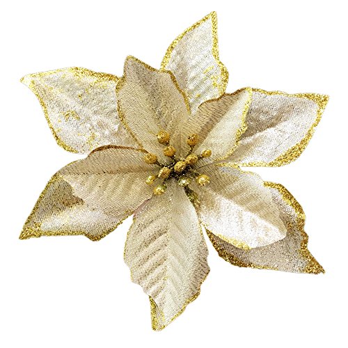 Product Cover Christmas Glitter Poinsettia Christmas Tree Ornaments Pack Of 12 (Gold)