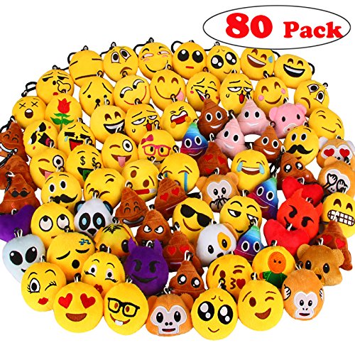 Product Cover Dreampark 80 Pack Mini Emoji Keychain Plush, Party Favors for Kids, Christmas / Birthday Party Supplies, Emoticon Gifts Toys Carnival Prizes for Kids 2