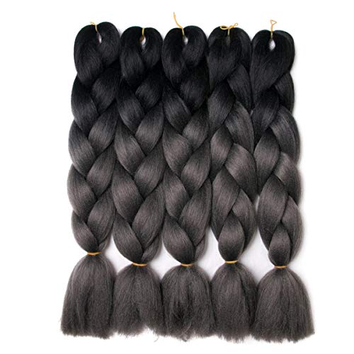 Product Cover Lady Corner Ombre Braiding Hair 24inch Jumbo Braids High Temperature Fiber Synthetic Hair Extension 5pcs/Lot 100g/pc for Twist Braiding Hair (Black-Silver grey)