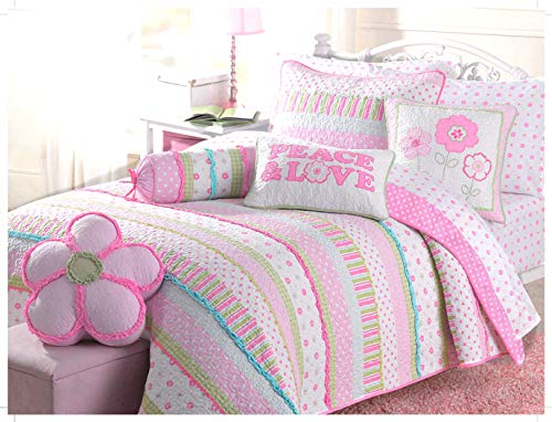 Product Cover Cozy Line Home Fashions Pink Greta Pastel Polka Dot Flower 100% Cotton Reversible Quilt Bedding Set, Coverlet, Bedspreads (Twin - 5 Piece: 1 Quilt + 1 Standard Sham + 3 Decorative Pillows)