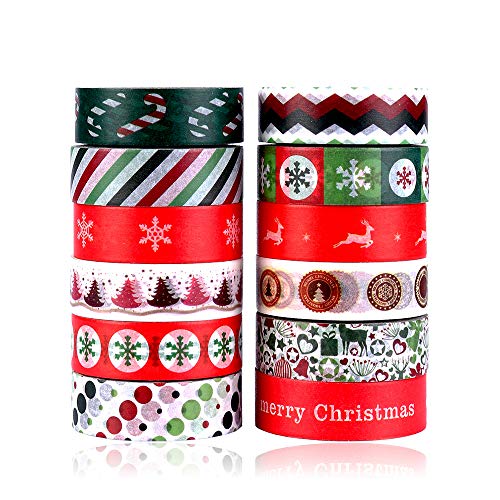 Product Cover Konsait Christmas Washi Tape Set 0.59Inch x 393.7FT(12 Roles), Merry Christmas Masking Tape Collections Art Craft Pack Gift Present Wrap for Xmas Decorations Christmas Themed Party Favors Supplies