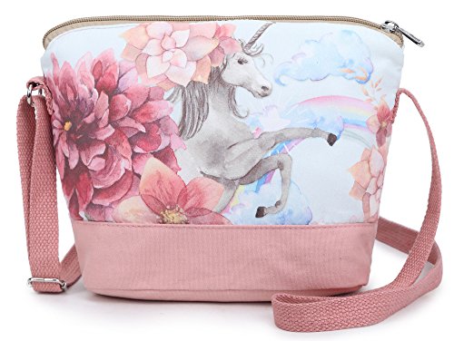 Product Cover Crest Design Whimsical Canvas Cross-body Shoulder Bag for Girls and Teenagers (Pink Unicorn)