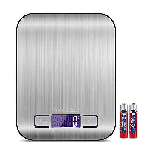 Product Cover Kitchen Food Scale Digital Weight - Stainless Steel, Slim and Stable, Large Display, Measure Dry and Liquid, Easy to Clean, with Grams and Ounces, Holds Up to 11Ibs, include 2 AAA Battery - Molecee