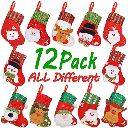 Product Cover LimBridge Christmas Mini Stockings, 12 Pack 6.25 inches Small 3D Kids Mixed Set, Felt Xmas Tree Santa Claus Snowman Reindeer Gift Card Silverware Holders, Mini Personalized Holiday Treat Bags